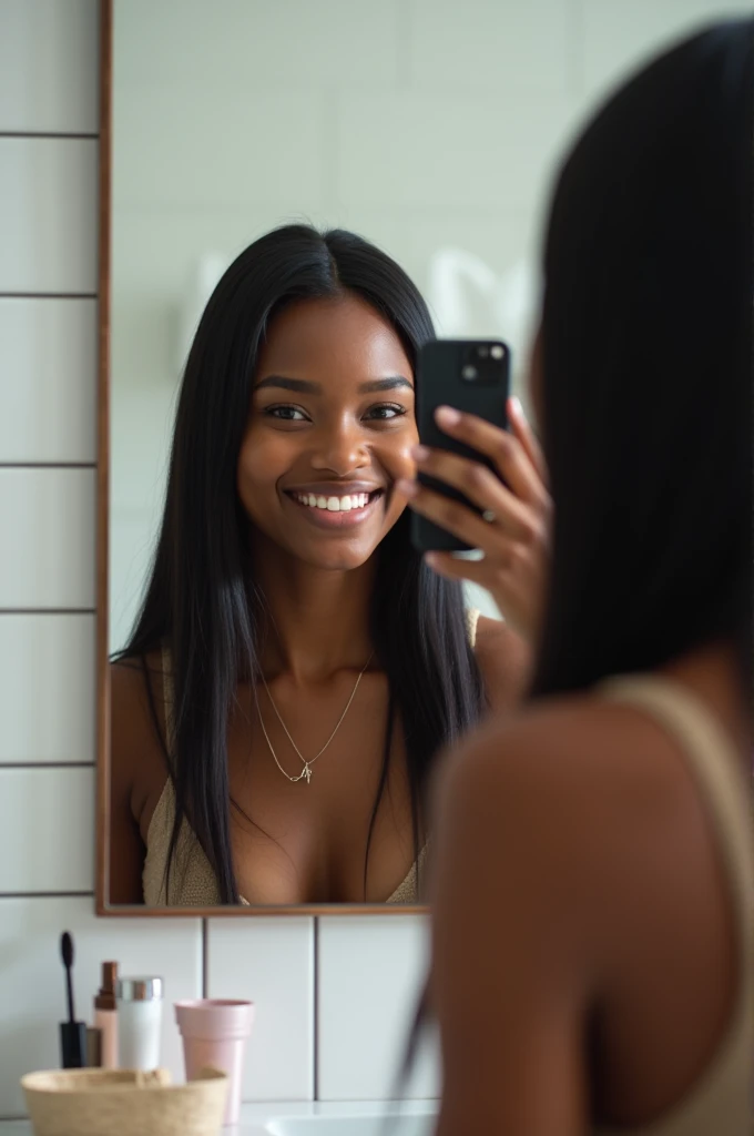 "ultra-realistic image of a gorgeous south African 19 years old,taking a selfie in a bathroom with toilet, caramel skin, perfect body, taking bathroom selfie with her iphone 14, wearing lingerie, small breast, cleavage, skinny, ultra thin waist, black hair, short curly afro hair , gigantic round butt, standing in modern bedroom, smiling, piercing green eyes."