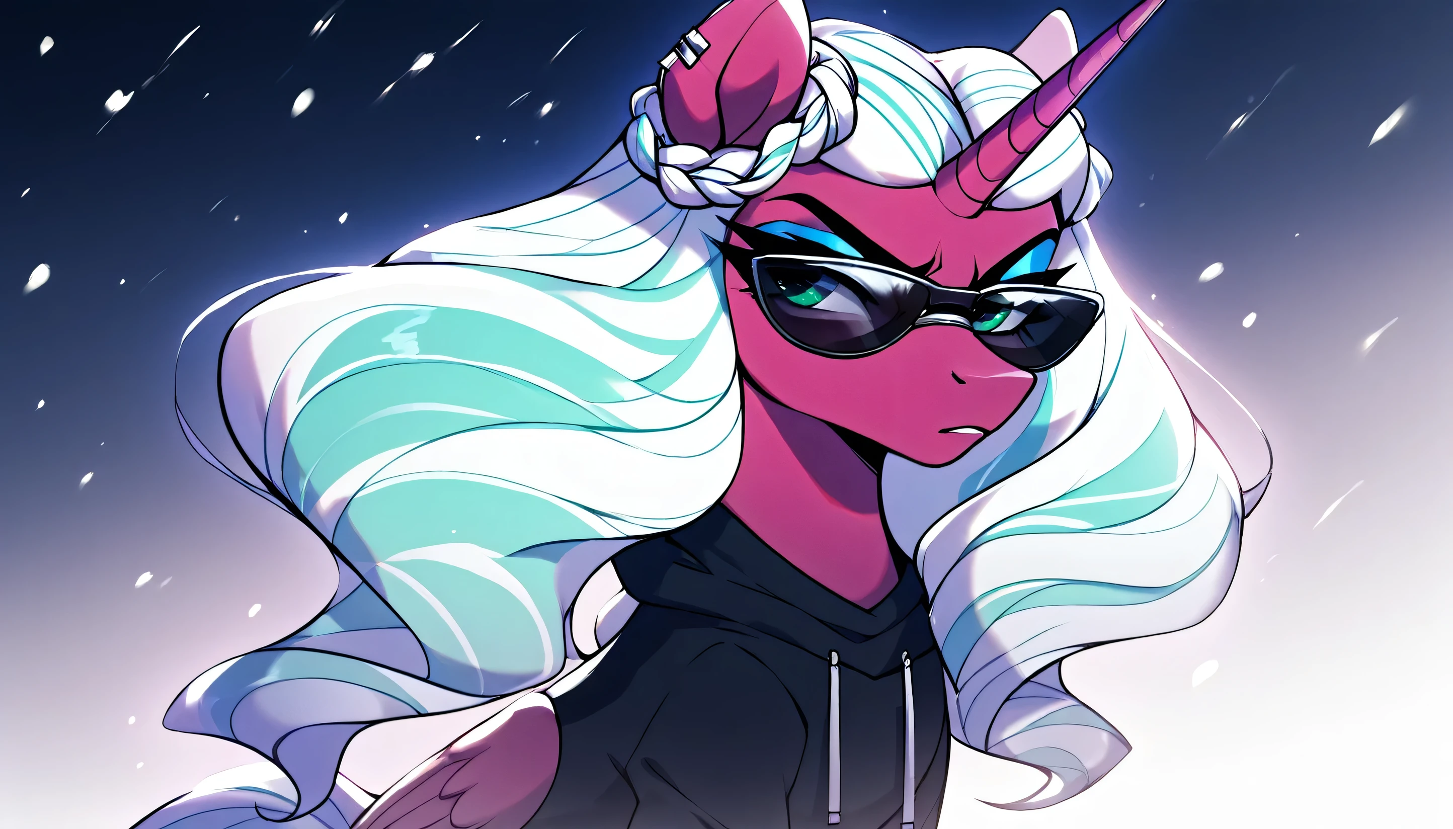 score_9, score_8_up, score_7_up, score_6_up, A serious female alicorn unicorn, Opaline Arcana from My Little Pony, She is depicted wearing a dark sweatshirt and sunglasses with tinted lenses that shine in the sunlight. Opaline's mane flows in A wavy pattern of white colors, with shades of blue, green, and pink mixed together. She is looking at something out of the frame with a displeased expression. The setting is an urban environment with multi-story buildings, snow on the ground, and a clear winter day. In its extended magical aura, there is a smartphone with a snowflake logo on its back.
