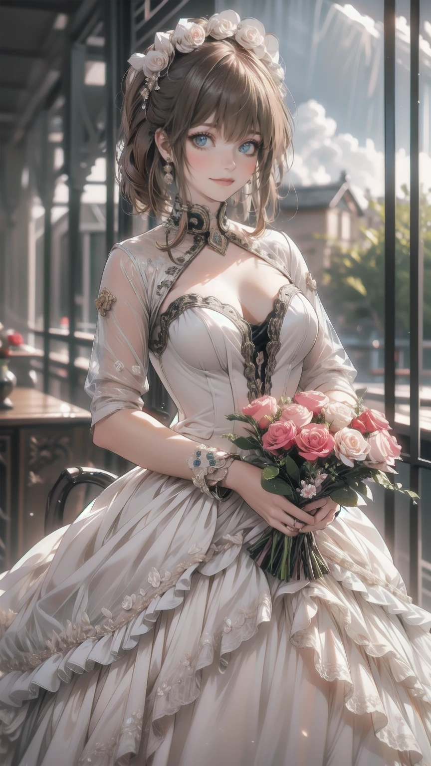 ((masterpiece,   best quality)),   1 girl, flower, Alone, dress, holding, null, cloud, Have, Outdoor, bangs, bouquet, rose, expressionless, ,  Pink Hair, Florid, Red Flower, Pink Eyes, white dress,  Viewers,   medium hair , Holding flowers, Small breasts, red rose, holding bouquet, sun Have,   white headwear,   depth of field,
