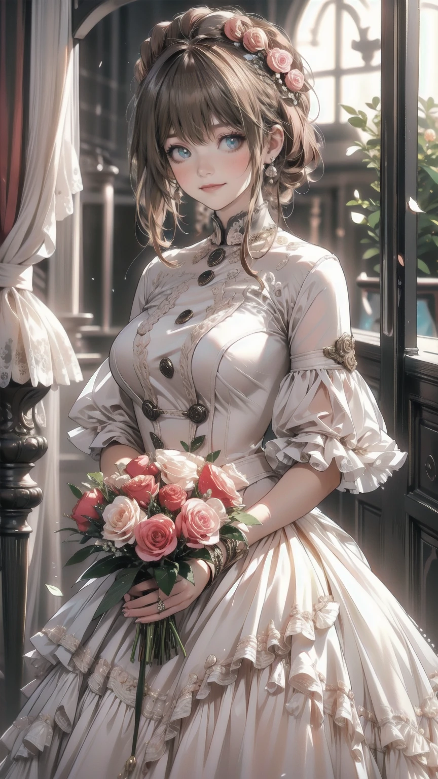 ((masterpiece,   best quality)),   1 girl, flower, Alone, dress, holding, null, cloud, Have, Outdoor, bangs, bouquet, rose, expressionless, ,  Pink Hair, Florid, Red Flower, Pink Eyes, white dress,  Viewers,   medium hair , Holding flowers, Small breasts, red rose, holding bouquet, sun Have,   white headwear,   depth of field,
