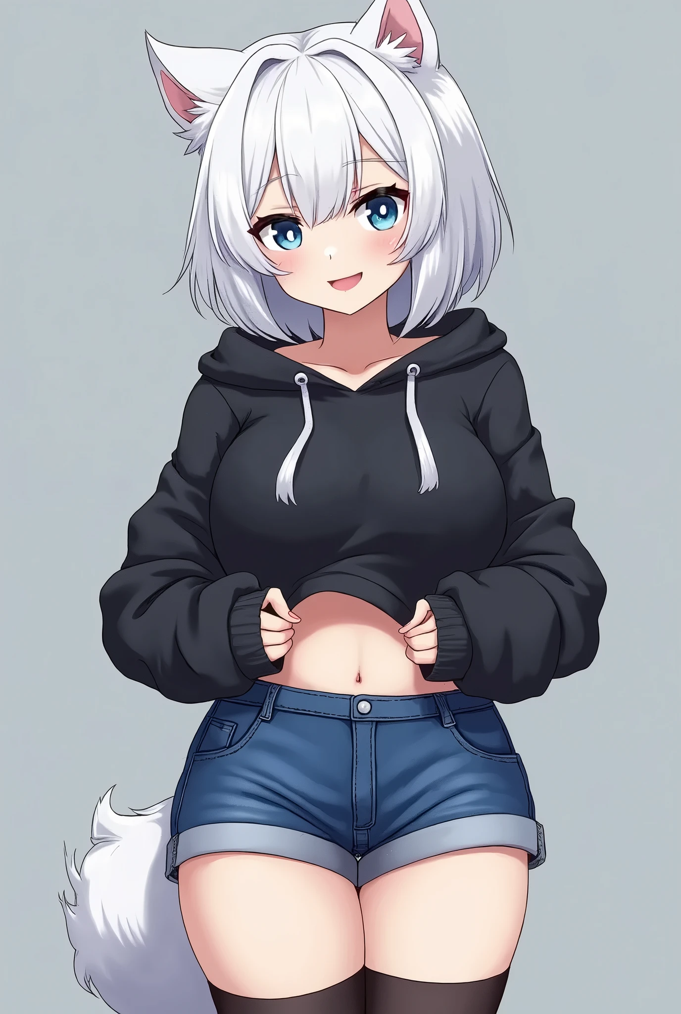 score_9_up, smile, tomgirl, (with white hair, short punk hairstyle), (shy, cute face expression, has glowing blue eyes), (wolf ears, wolf tail), calm pose, (wearing denim short shorts and a cropped black hoodie), (curvy body), (wearing thigh high socks), solo, flat chest