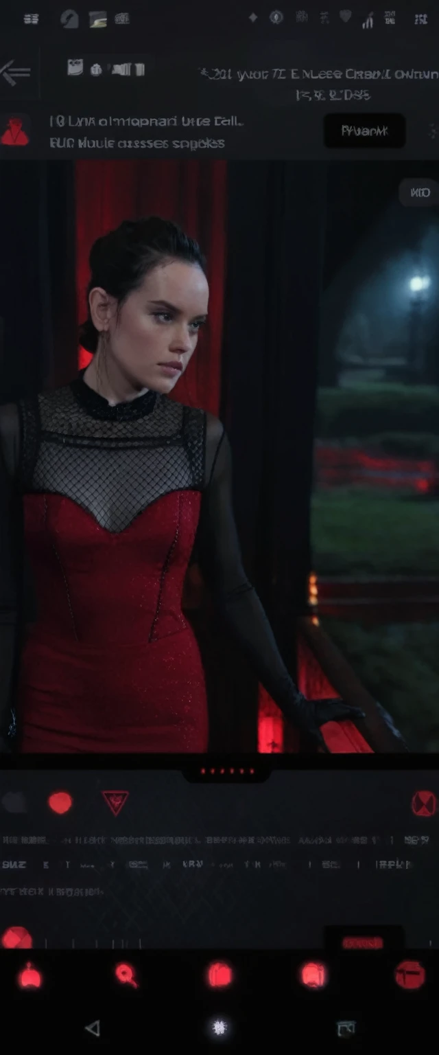 Daisy Ridley With a biggest generous bust seductive female wearing a tight, strapless red dress, with intricate black detailing. The dress is predominantly red and form-fitting, enhancing her curves. Black, sheer, transparent sleeves extend into gloves, adding a gothic elegance. The Giant bust area features a black detail that resembles a bra, and above her generous cleavage, there's a black, transparent triangle of fabric, connecting to a sleek black choker around her neck. This choker links to the black sheer sleeves, forming a cohesive design. The deep, plunging neckline accentuates her voluptuous figure, with the red fabric accentuates her sensuality, and the black details adding a gothic flair. Set in a dark, mysterious gothic castle or haunted mansion in the Night Rain, with soft, cinematic lighting that highlights every texture and shadow of her outfit, Ultra-realistic, highly detailed, with a focus on the contrast of the bold red dress and the sheer black elements . 4K resolution, gothic atmosphere, dramatic and elegant