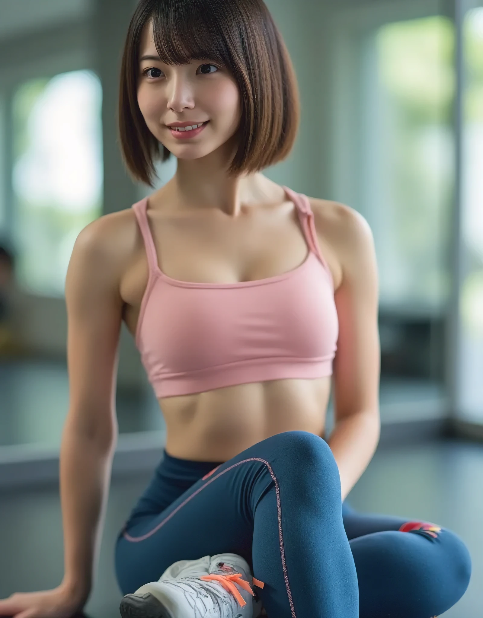 1girl, 25years old woman, (perfectly detailed face), ((looking at viewer)), ((White skin)), (bright lighting:1.2), perfect lighting, Cleavage, slim body, CUL0TT3S, ((Fits snugly against the body wearing a sports bra and leggings)), Training Gym, Exercise at the gym, Sit on a balance ball, photorealistic, (bokeh), UHD, anatomically correct, masterpiece, highres
