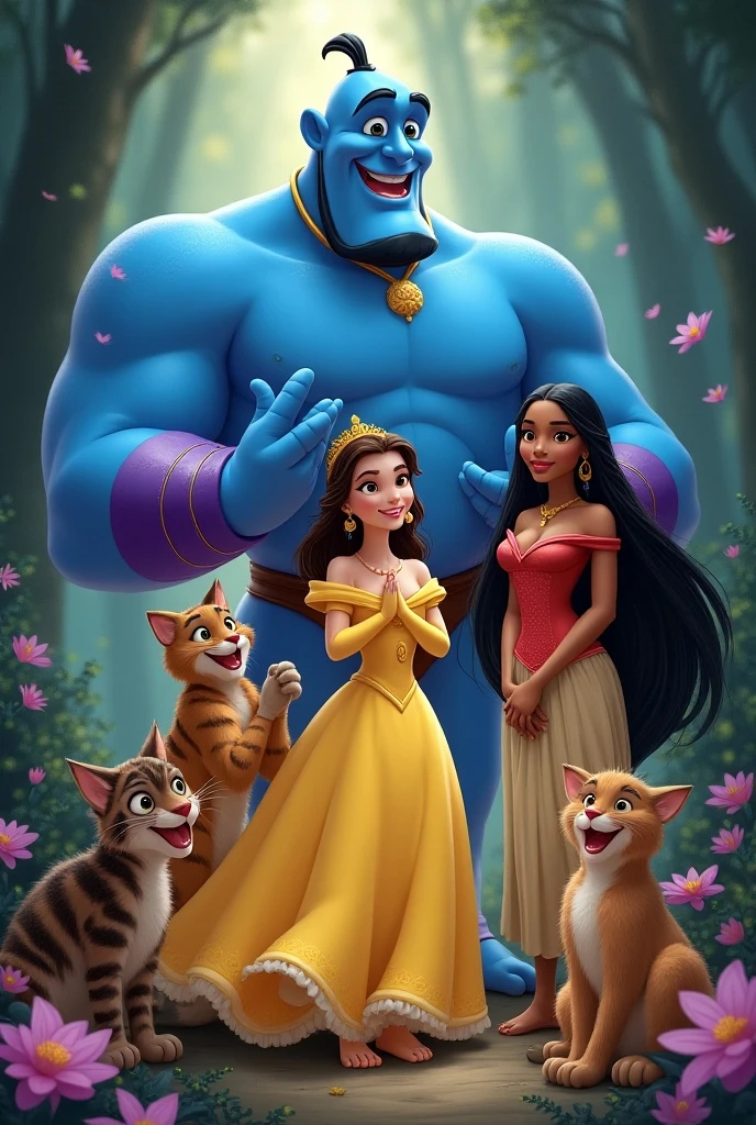 Act as a designer and create an image of Stitch Olaf and the Genie of the Lamp being together