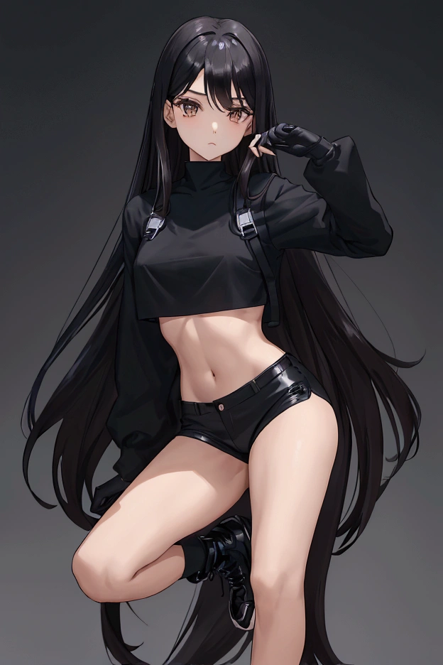  a  with long black hair , Brown eyes, stomach 1. 60 is wearing a blue long-sleeved crop top, tight black shorts and black sneakers, black and toned gloves 