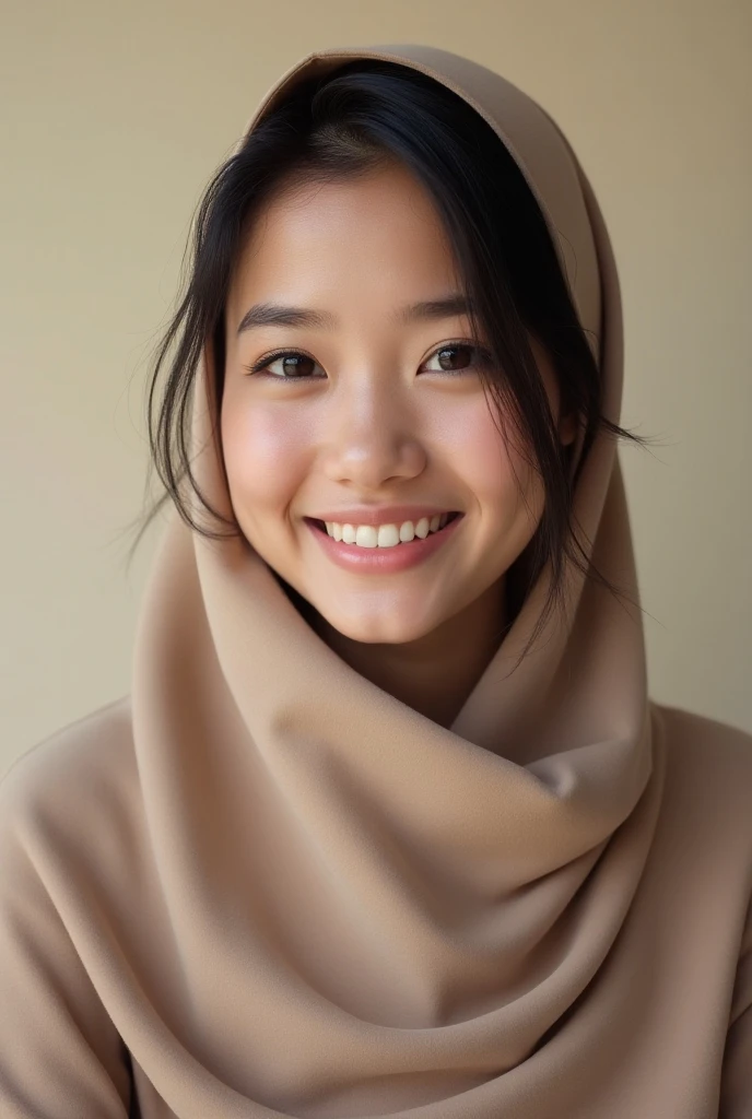 malaysian girl wearing hijab, beautiful face smiles sweetly, naked, without clothes, small breasts