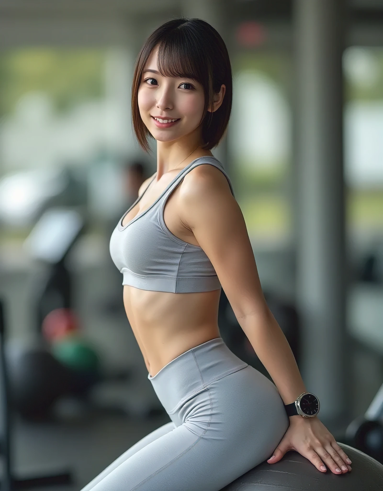 1girl, 25years old woman, (perfectly detailed face), ((looking at viewer)), ((White skin)), (bright lighting:1.2), perfect lighting, Cleavage, smile, slim body, (((Healthy thighs visible))), CUL0TT3S, ((Fits snugly against the body wearing a sports bra and leggings)), Training Gym, Exercise at the gym, Turn your body to the side, ((I can see her firm butt)), Sit on a balance ball, Stretching while showing off her ass, photorealistic, (bokeh), UHD, anatomically correct, masterpiece, highres