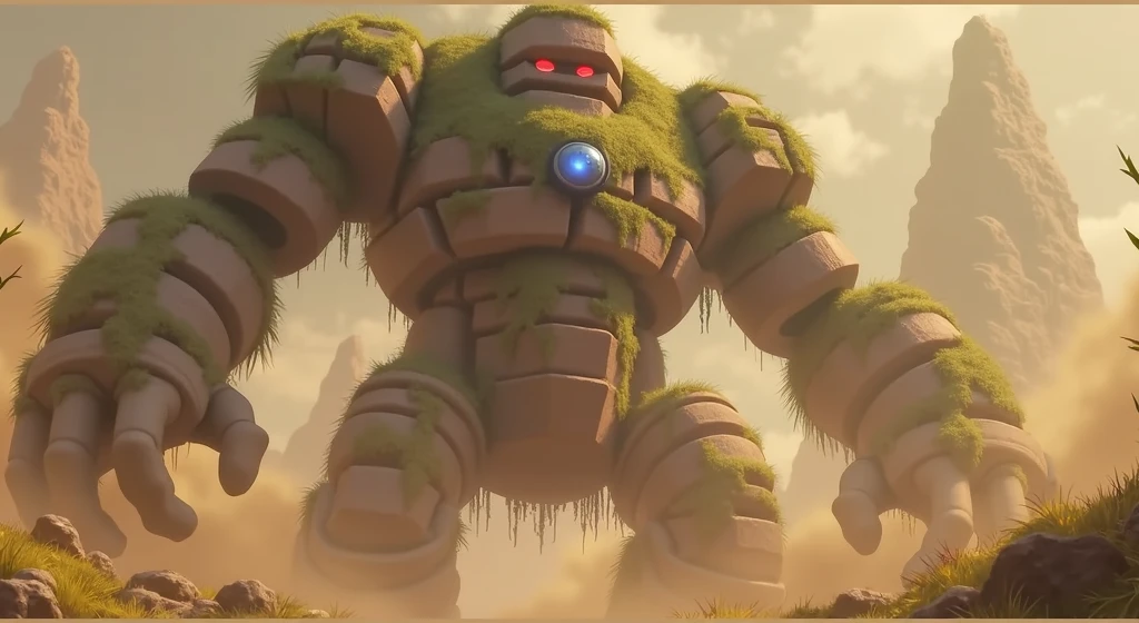 Design a 3D stylized character named 'Moss,' a rock golem infused with the power of nature. Moss should be depicted as a massive, sturdy creature with a body made of boulders and stones, covered in moss, vines, and small plants. The character should have glowing green eyes, symbolizing its connection to the earth. The color palette should include shades of grey, green, and earthy browns, with subtle glowing accents. The background should feature a rocky landscape with towering cliffs, patches of greenery, and a misty atmosphere, highlighting Moss's strength and connection to the land.