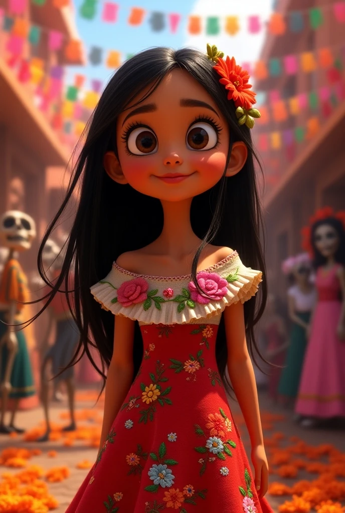 a  child with medium hair ,up to the shoulder with lots of brown curls, minimally afro and pink on the red head holding , eyes browns , skin fair. wearing a red dress skirt and white top in the Mexican mariachi style with the background of the Disney Pixar movie Viva la Vida is a Party with dancing Mexican skulls 