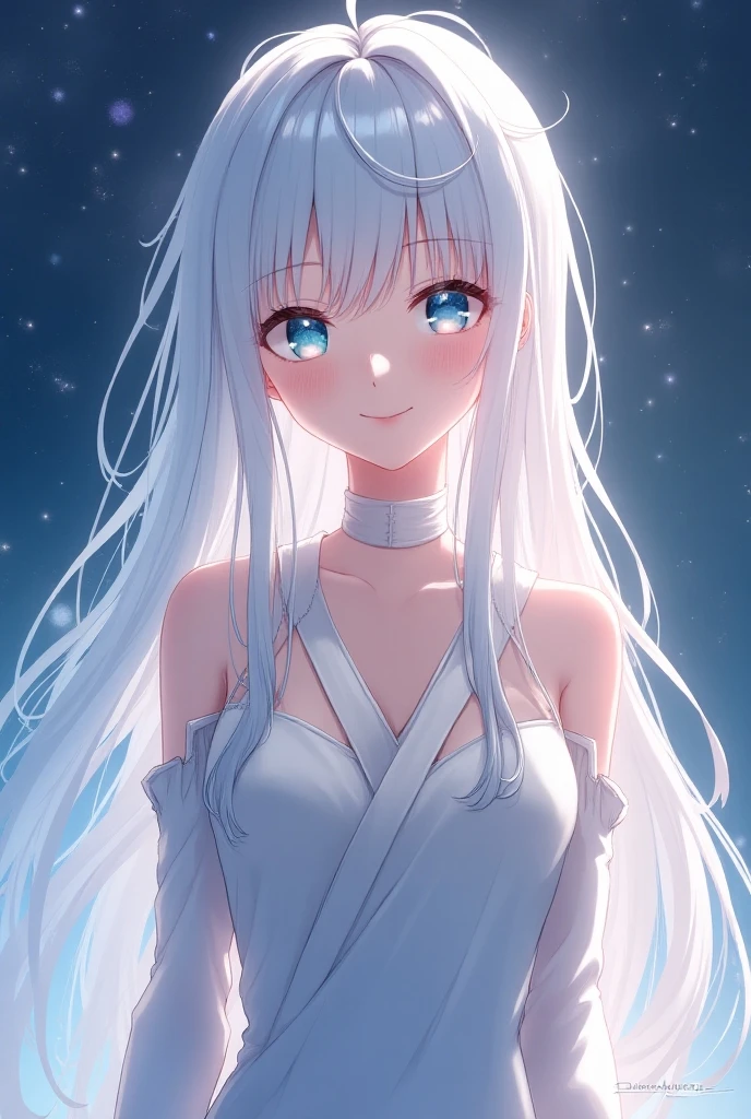 anime girl with long white hair and a star in her hair, White-haired God, Anime girl with space-like hair, star(null) starry_null, Cute girl anime visuals, Splash Art Anime Loli, White glowing aura, White Haired Girl, Ethereal Anime, akasuki voidstar, Celestial Aura, Nightcore, Anime Moe Art Style