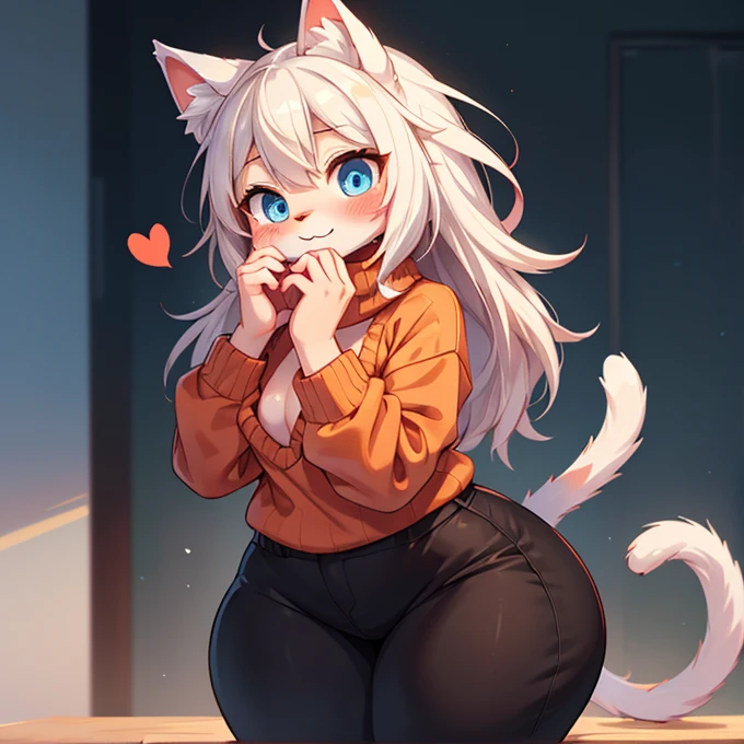 Furry, anthropomorphic,  adult, white female cat, blue eyes, white fur, flat chest, oversized orange-red turtleneck sweater, huge butt, wide hips, thick thighs, shy, blushing, heart-shaped eyes, covering her face with the neck of the sweater, black baggy pants, wolfcut, masterpiece, detailed, high quality

