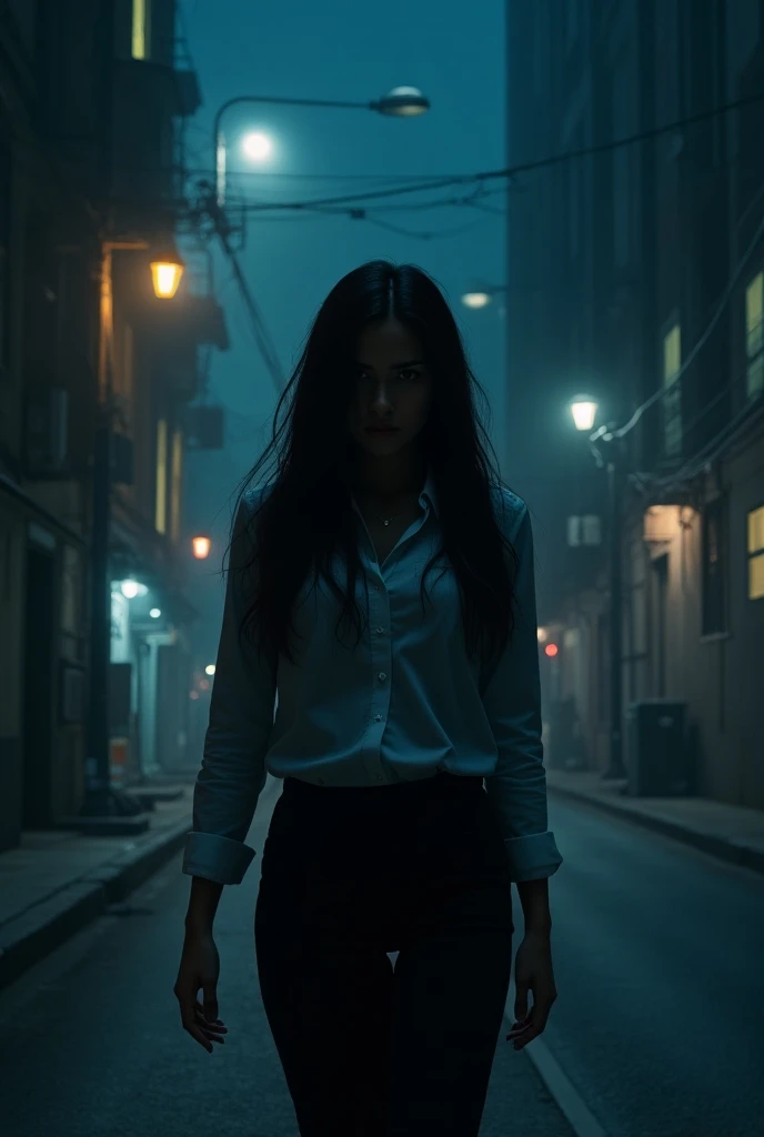 28 years old, filipina, at crime scene, whole body, wearing white shirt with minimal blood stain, black pants, white shoes, realistic, not blur background, whole body, frustrated