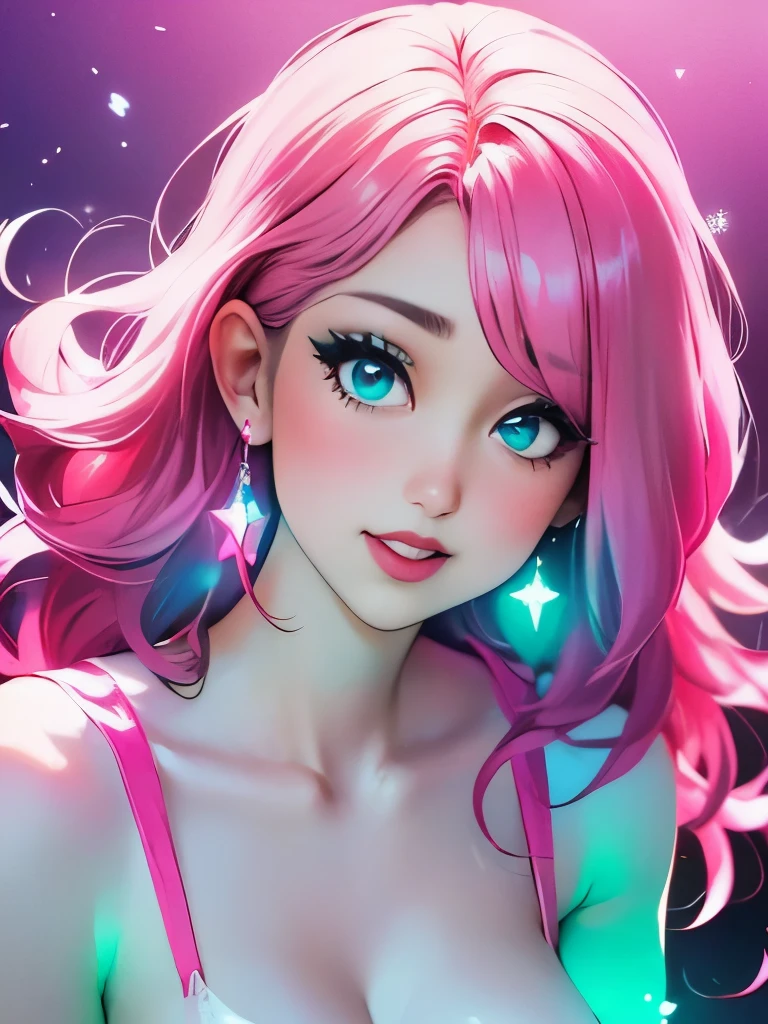 belle delphine vestida con un disfraz de super girl piel blanca, ojos azules, cabello largo y rosa, hermosa sonrisa, ojos grandes, con una fiesta de disfraces de fondo