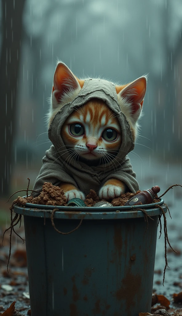 Create an image of a cat , sad and expressive look , wearing a very dirty and torn beggar's clothing, looking for garbage in a trash bin . rainy weather