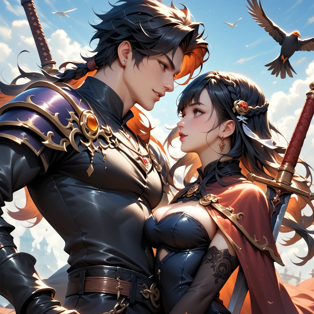 Anime scene of two women with swords and a bird flying in the sky, 2.  5 d CGI fantasy anime artwork , dark fantasy style art, high quality fantasy art, 4k fantasy art  , medieval fantasy game art, , by Yang J, abaddon e magali villeneuve, Asya Yoranova e Alan Lee,  dark fantasy art 
