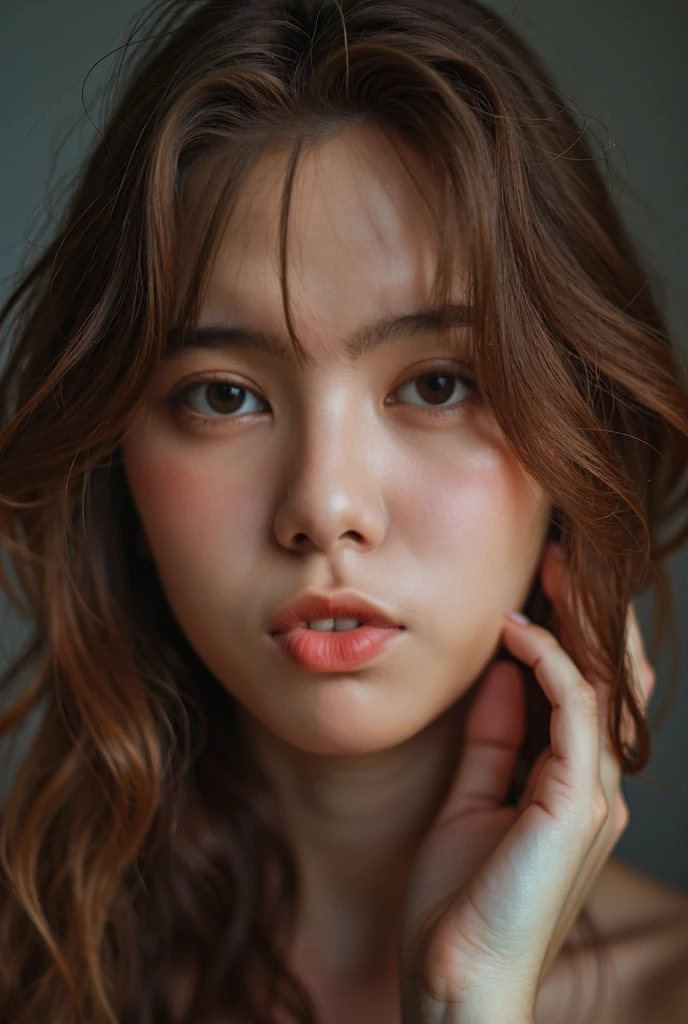 (8K, HDR, highres), ((((Photography, RAW photo, hyperrealism, masterpiece, best quality, ultra highres)))), (pin light, back light, backlighting, cinematic light), sharp focus:1. 4, (hyper detail, finely detailed), face close-up, close-up,
1girl, Egg-shaped face with cat-like eyes, small and plump lips, straight and cute nose, slightly blushing cheekbones, thick eyebrows and long and pretty eyelashes.