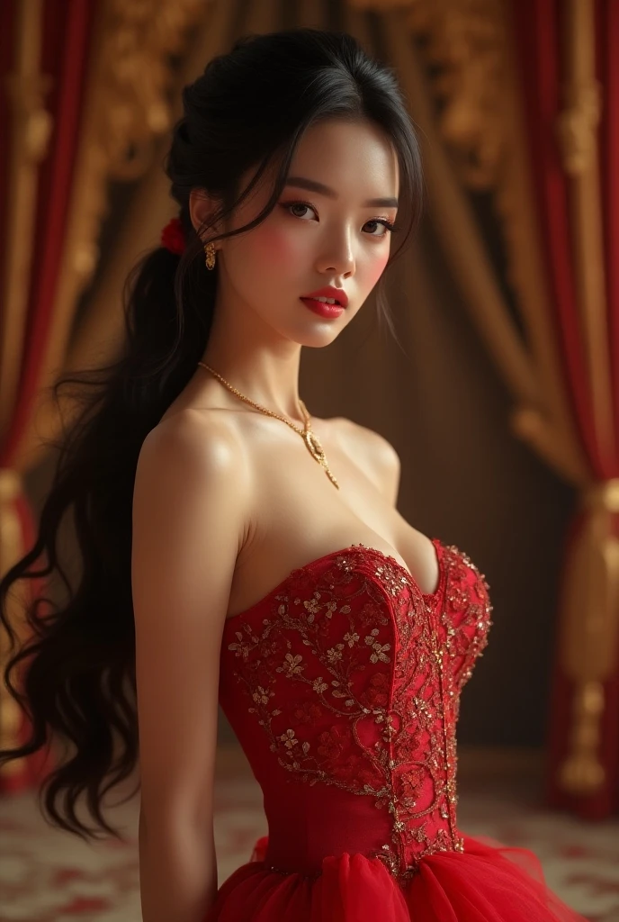 Girl with seductive pose very atractive , epic realism, rich interior