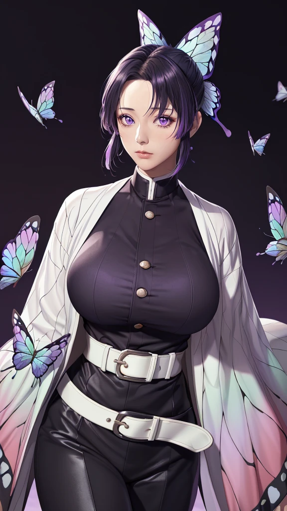 (（（figure，御姐figure,White and tender skin,（（haori, wide sleeves, long sleeves, black pants, black jacket, belt，）））,(（（kochou shinobu, butterfly hair ornament, purple eyes, multicolored hair, short hair, parted bangs, ））),,((masterpiece)),highres,((Best quality at best)),masterpiece,quality,Best quality,(（（  exquisite facial features , for the audience ,））），Huge breasts，）））