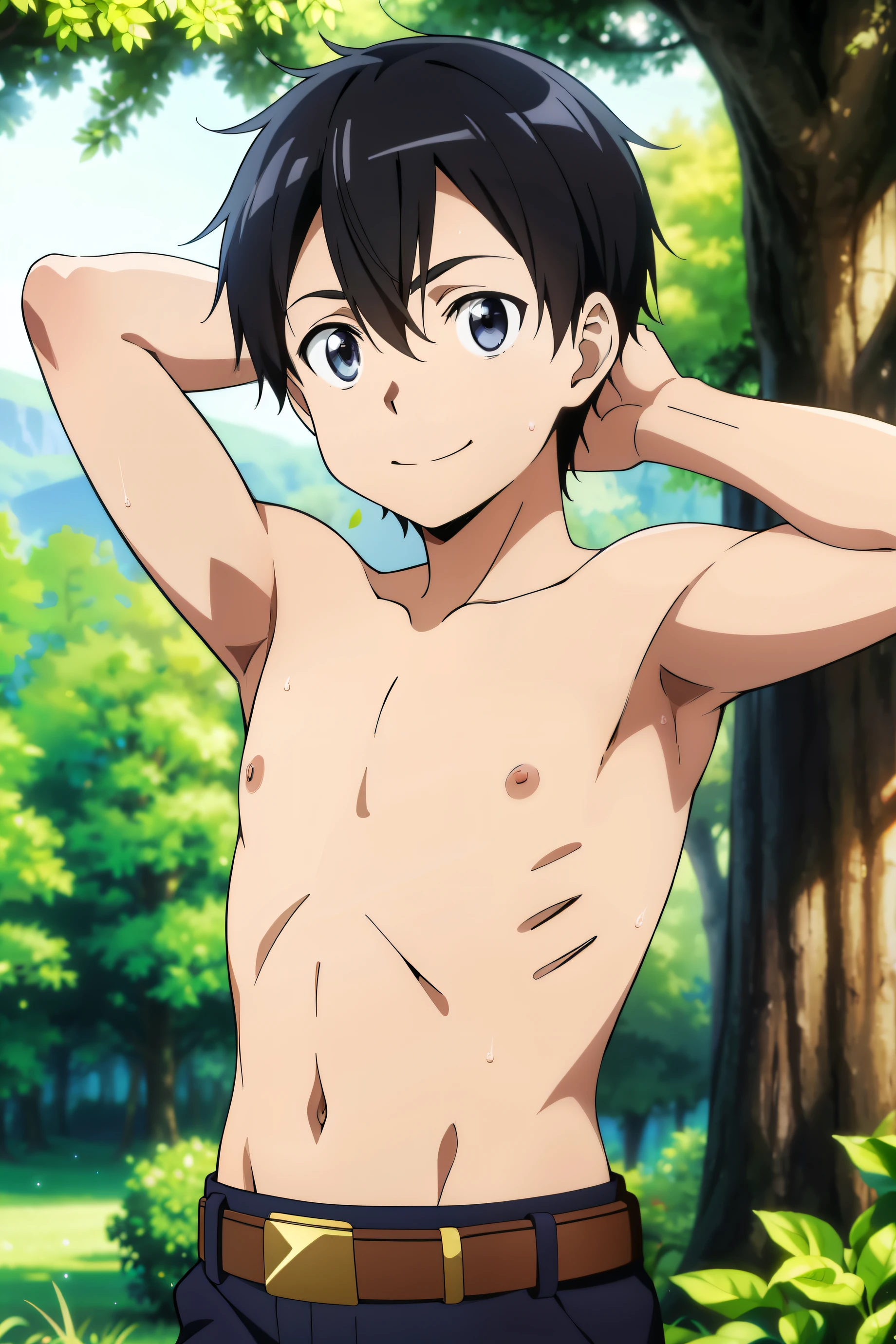 Highres, Masterpiece, Best quality at best,Best Quality,hight quality, hight detailed, Anime style, 1boy, Shota, young boy, kirito, black hair, black eyes, hair between eyes, solo, 1boy, smile, forest, Shirtless, bare chest, bare shoulder, upper body, belt, (Showing armpit:1.3), (very young boy), (very small and short body), smile, Blurry beckground, cute boy, Uhd, bokeh, sweat