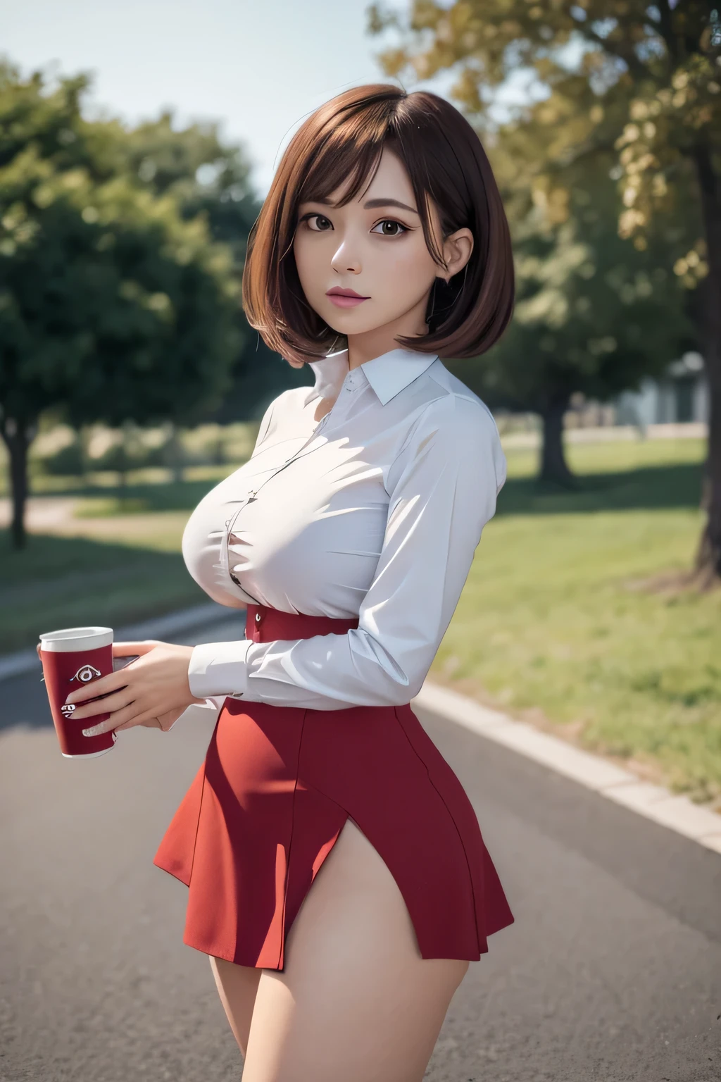 1 girl,uraraka,ochako, bodysuit, sidelocks, shirt,red mini skirt, low-cut shirt,bare breasts,  reveal blue mini skirt,8K,3D,  big breasts,open mini skirt ,thigh boots,high heel boots,  big thighs,A cup breasts,  waist 50 cm and hips 70 cm,in the field..