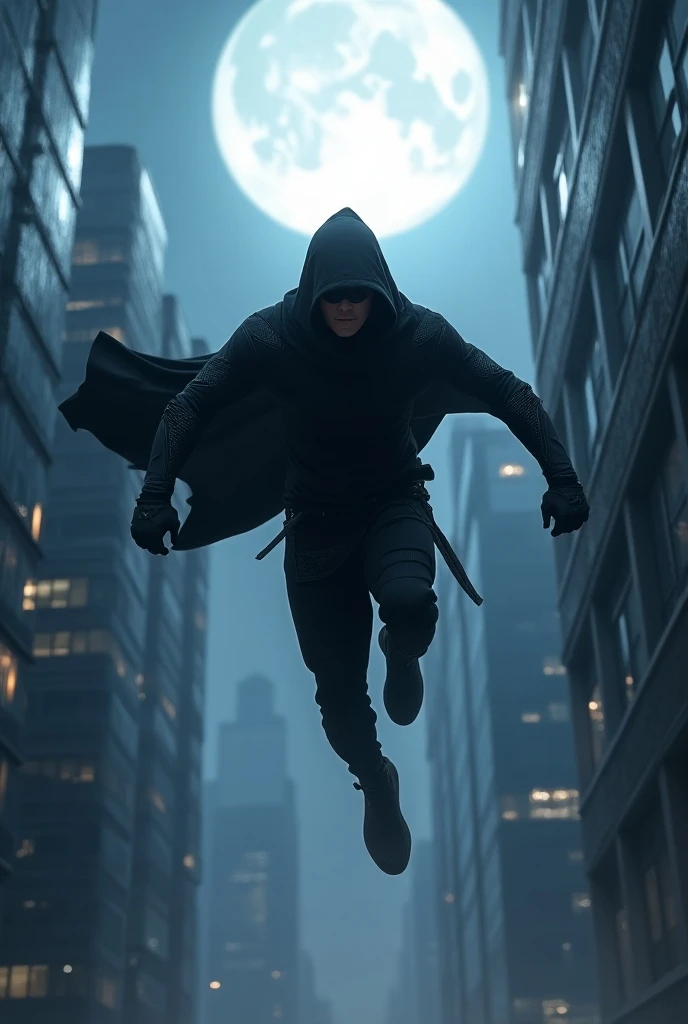 A young man dressed as an assassin, jumping from the roof of a building to the roof of another building, perspective, right under the moonlight at night, futuristic building, epic moment