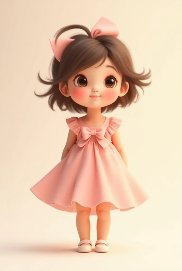 cute girl, pink dress, long light brown hair and a cute hairstyle, standing and facing, Big eyes and smile