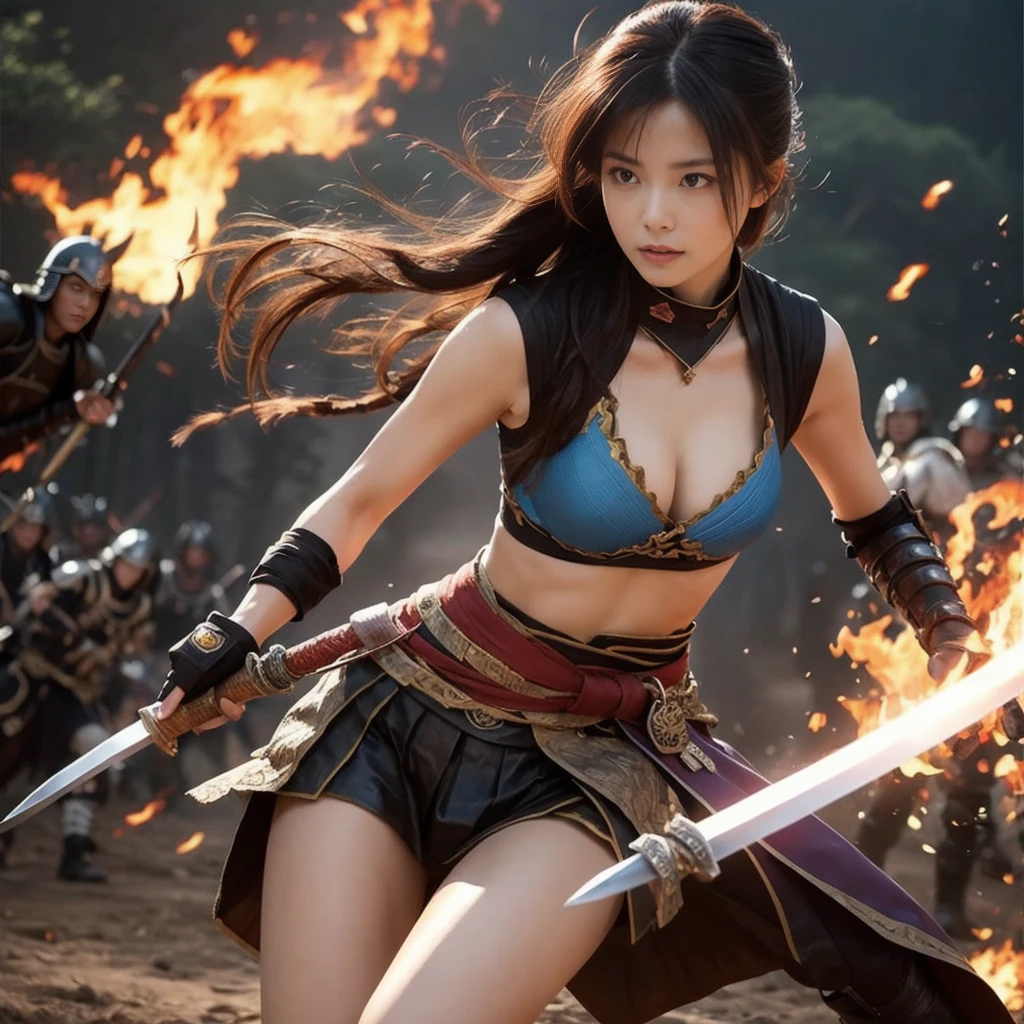 (best quality),  detailed background, oriental nobless,warrior girl,combat arts,holding halberd,oni, monster army
