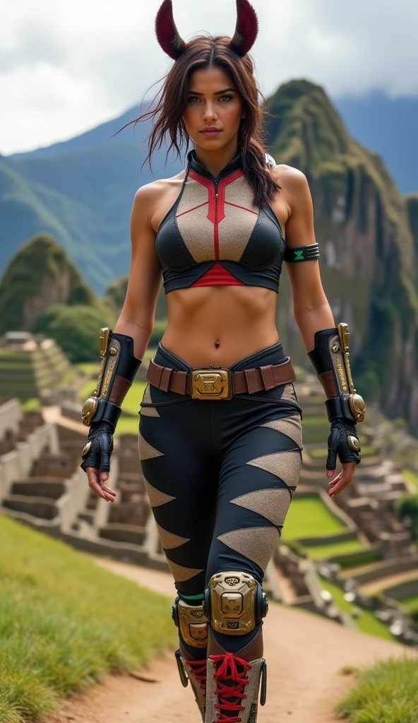 Boku No Hero Academia,que este vestida con el uniforme femenino de la UA Mujer de Cabello Corto de Color Negro Oscuro con var mechones de color gris, Su Tez es de Color de Piel clara, brown skin, Ojos MUY rasgados de Color negros, Hermosa con una aura autoritaria y respetable,su cara es muy hermosa con facciones finas y su cuerpo esta muy bien trabajado e igual,es el tipo de cuerpo perfecto y tiene varias perforaciones en sus orejas y de fondo se ve una academia prestigiosa