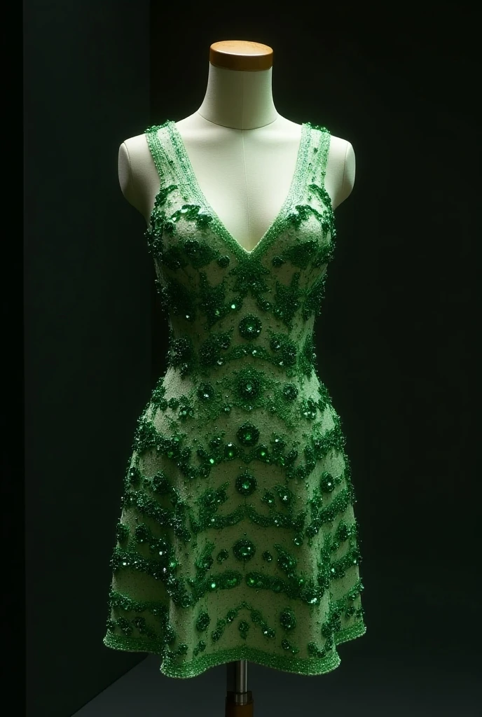two mannequins with green crocheted dresses on a mannequin, a digital rendering inspired by Hazel Armour, tumblr, renaissance, intricate dress, vine dress, opened dress, intricate fantasy dress, front and back view, detailed dress, an intricate dress, intricate clothes, front and back, green dress, organic dress, crochet skin, stylish dress, sexy dress, crochet