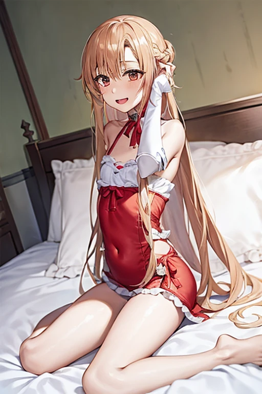 ((Best Quality)), ((masterpiece)), (be familiar with),  perfect face, indoor, bedroom,  viewers,
One woman, Yuuki Asuna,
Open Mouth, Ecstatic expression, blush, smile,
Small breasts,  flat chest, , , child, Girl,
Long Hair, Long Hair,
Leg spread,