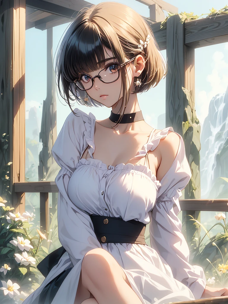 (Best Quality, Ultra-high-definition 8K CG rendering, masutepiece, High resolution, Extremely detailed, Natural lighting,
1 girl, Junior high school girl, Solo, Dark hair, Straight short hair, Light brown eyes, hair adornments,wearing black glasses, Cute face, No breasts), See-through camisole dress