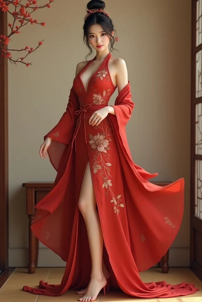 (masterpiece:1.4), (best quality:1.4), ultra high res, ultra high resolution, ((detailed facial features)), HDR, (realistic, photorealistic, photo-realistic:1.37), full body, sexy Vietnamese model, (-anime), only 1 model, vivid colors, very short hair, (beautiful smile), lip-gloss, long lashes, defined eyebrows, wearing large sparkling colorful jewelery, wearing a red silk Paradise Kiss cosplay dress with black floral embroidery, ((long fur vivid colors outfit)), vivid colors, look at the camera, cinematic light, large park background with trees, sweet and sexy pose