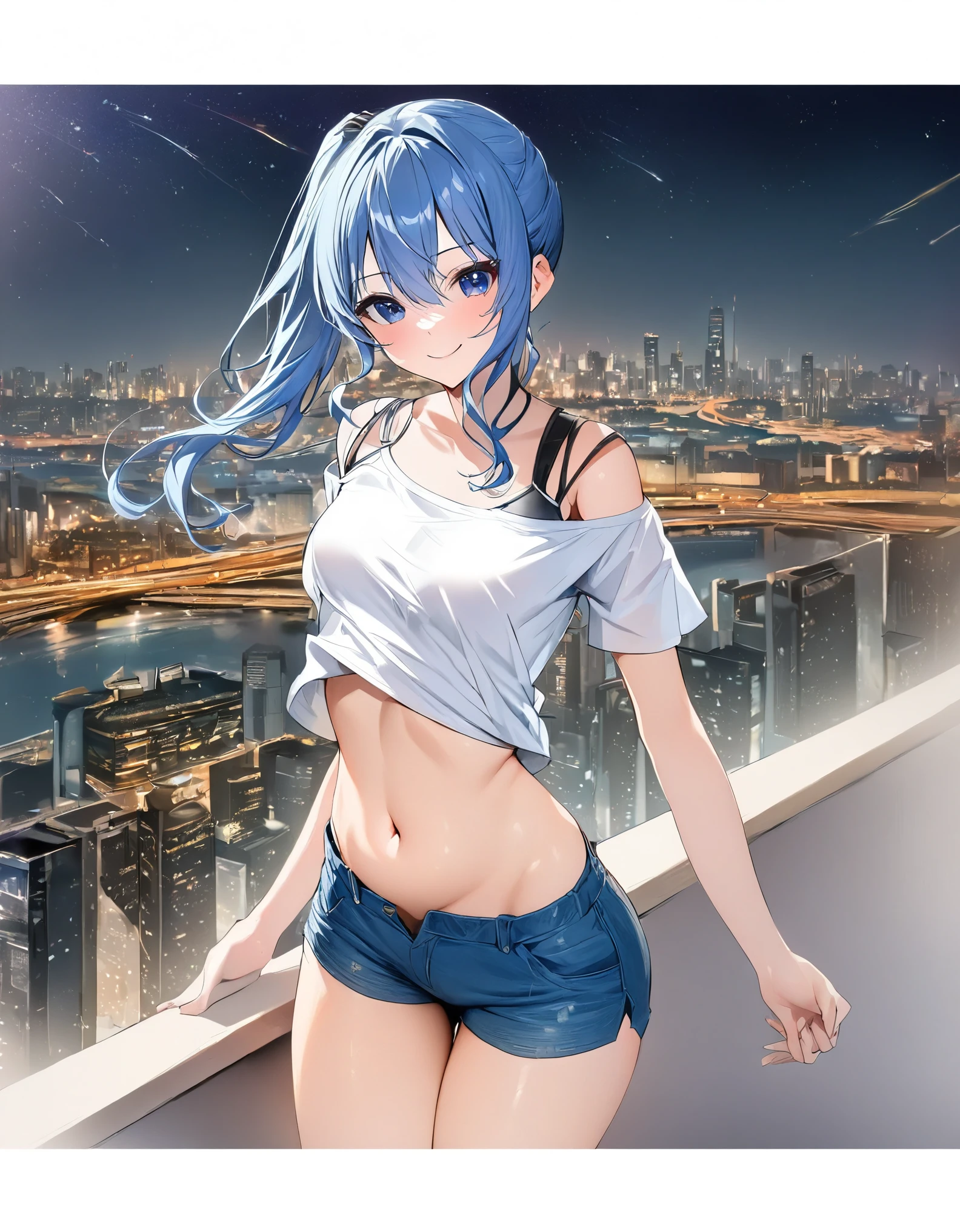 (8k、Best image quality、highest quality、masterpiece)、Detailed face、 1teen_girl、Blue Hair、Long Hair、sideponytail、dark_blue_eyes、smile,(peek_navel:0.7),(small_breasts:0.8),(White_T-shirt:1.3)、Off_shoulder、Black shoulder straps、(open_front_shorts,denim_short_shorts:1.2)、City Background, starry_sky_landscape ,hoshimachi suisei, (belly_button:1.2),nihil,solo,stargaze,girl_looking_up_sky,slender,solo,boots,abs, tight_waist, point_to_sky,slender_thighs,knees