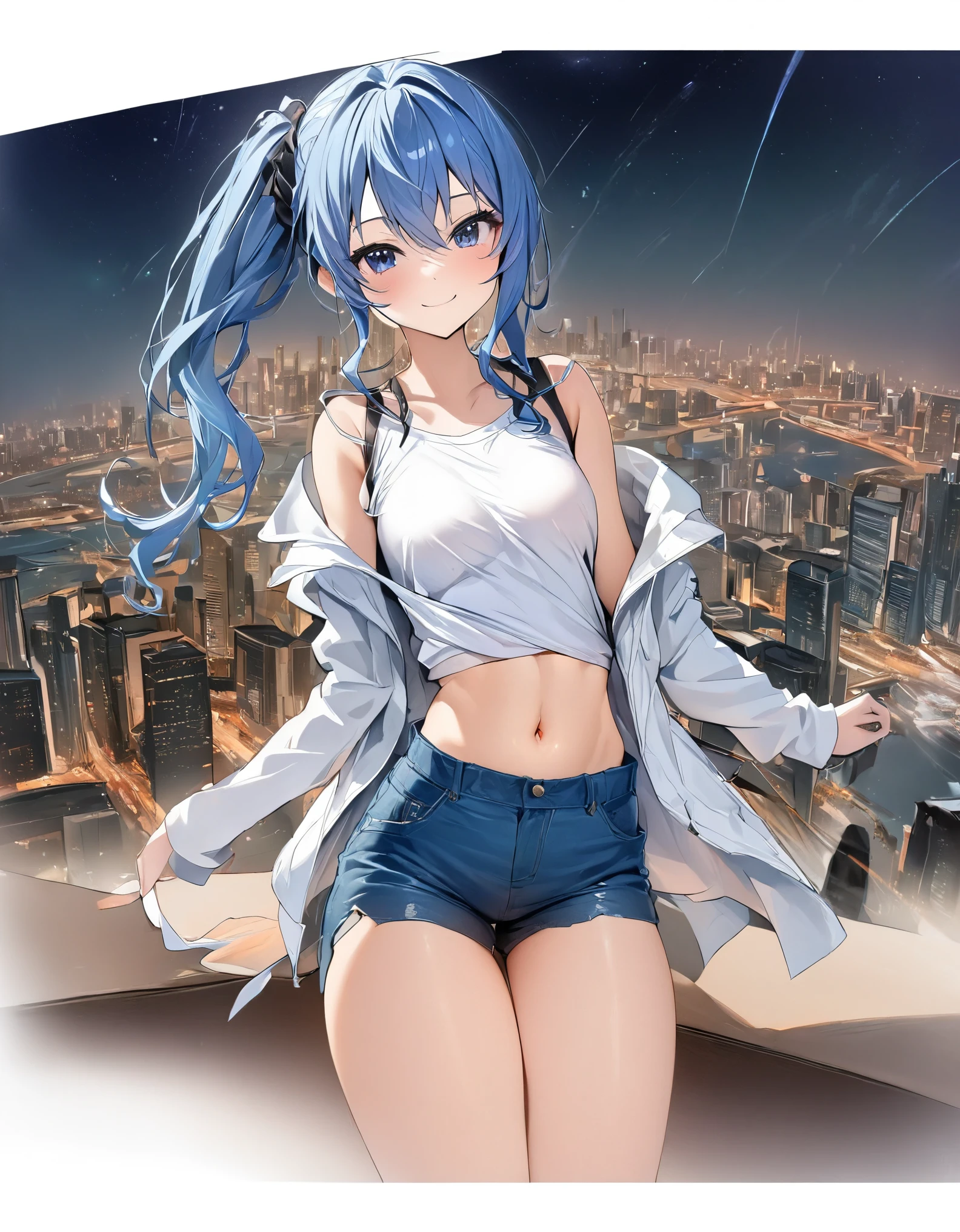 (8k、Best image quality、highest quality、masterpiece)、Detailed face、 1teen_girl、Blue Hair、Long Hair、sideponytail、dark_blue_eyes、smile,(peek_navel:0.7),(small_breasts:0.8),(White_T-shirt:1.3)、Off_shoulder、Black shoulder straps、(open_front_shorts,denim_short_shorts:1.2)、City Background, starry_sky_landscape ,hoshimachi suisei, (belly_button:1.2),nihil,solo,stargaze,girl_looking_up_sky,slender,solo,boots,abs, tight_waist, point_to_sky,slender_thighs,knees