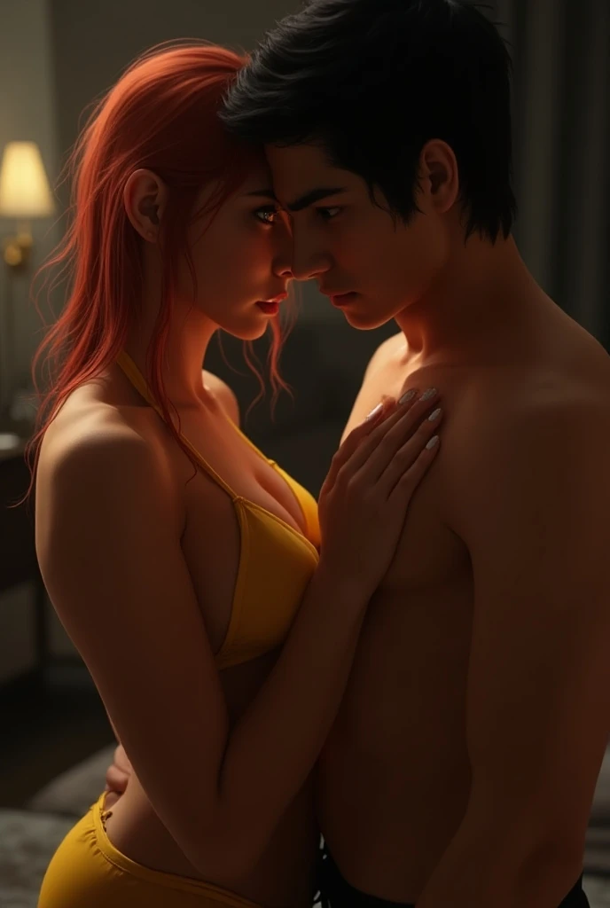A white girl, with very short red hair, brown eyes. Have a sex passionate in the bed with a boy of medium height, black hair and very long haircut. slim body build