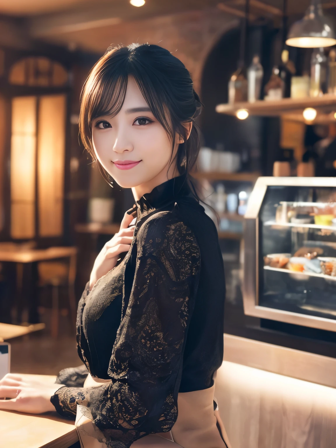 1 girl, (Wearing a black blouse:1.2), beautiful japanese actress,
(Raw photo, highest quality), (realistic, Photoreal:1.4), masterpiece, 
very delicate and beautiful, very detailed, 2k wallpaper, wonderful, 
finely, Very detailed CG Unity 8K wallpaper, Super detailed, High resolution, 
soft light, beautiful detailed girl, very detailed目と顔, beautifully detailed nose, beautiful and detailed eyes, cinematic lighting, 
break
(With a stylish cafe interior as the background 1.3), Lights in the cafe, 
perfect anatomy, slender body, smile, Face the front completely, look at the camera