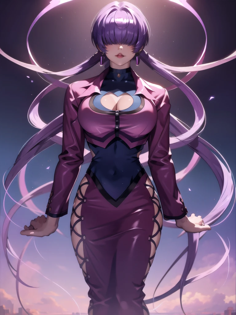 (Masterpiece), Best Quality, ultra-detailed, 1girl (SMMars, Slender and sexy body, lovely breasts, dark skin, purple hair, long hair, red eyes, half-closed eyes), evil face, wicked smile, parted lips, solo, facing viewer, looking at viewer, black latex leotard, red pleats skirt, ultra mini skirt, elbow gloves, full moon, outdoor, fog, standing, Sexy waist teasing