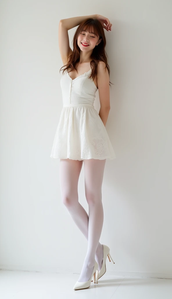 blonde hair, deedee, solo, white legwear, pink dress, twintails, blue eyes, 1girl, short twintails, smile, standing, 5 toes, black toe nails, Focus full body, sitting on a chair, tied ankles together,tied arms, with no shoes,