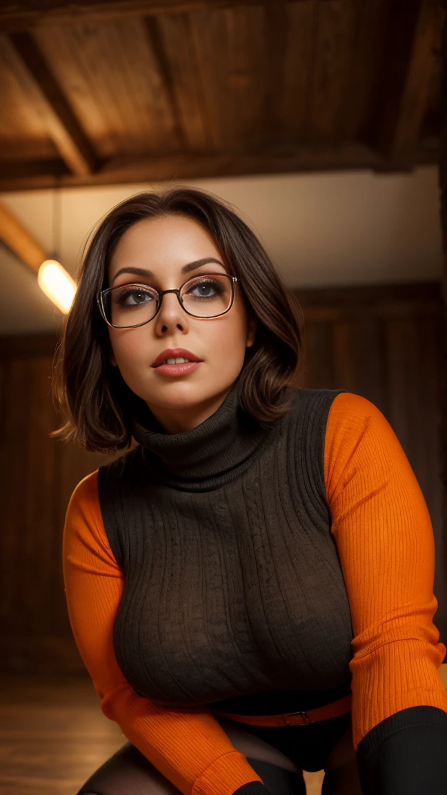 ((Gianna Michaels:1.2)) as Velma dinkley, RAW, analogue, Nikon Z 85mm, award-winning glamor photography, ((best quality)), ((masterpiece)), ((realistic)), dark brown hair, ((short pageboy haircut:1.3)), ((wearing a baggy orange turtleneck sweater:1.2)), ((black skirt:1.3)), ((black leather pleated mini skirt)), ((knee high orange socks:1.2)), Mary Jane shoes, ((thick black square glasses:1.2)), (wide hips, small waist), in a haunted creepy old house, curvy and thick body, naughty, perfect hands, detailed hands, perfects eyes, detailed eyes, Provocative, sexy, naughty, ((massive huge natural breast:1.1)), ((young naive innocent woman)), perfect face, perfect skin, perfect anatomy, her skin looks soft and has a satin finish, soft and shiny, whore makeup, eyeliners, mascara, bright red lipstick, pale vivid eyes, ((naughty slutty look:1.1)), (she's horny as fuck), curvaceous thick sexy body, detailed sensual plump lips, ((thick tights)), (sexy chubby naughty face), (Photorealistic:1.4), hdr, ultra HD, dynamic, a nasty naughty version of Velma dinkley, sexy, stunning, ((surprised face)), (((down on her knees, looking up at viewer, begging))), happy like a  when she see the viewer huge dick