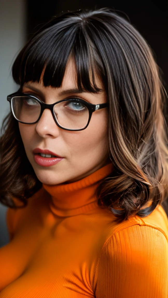 ((Gianna Michaels:1.2)) as Velma dinkley, RAW, analogue, Nikon Z 85mm, award-winning glamor photography, ((best quality)), ((masterpiece)), ((realistic)), dark brown hair, ((short pageboy haircut:1.3)), ((wearing a baggy orange turtleneck sweater:1.2)), ((black skirt:1.3)), ((black leather pleated mini skirt)), ((knee high orange socks:1.2)), Mary Jane shoes, ((thick black square glasses:1.2)), (wide hips, small waist), in a haunted creepy old house, curvy and thick body, naughty, perfect hands, detailed hands, perfects eyes, detailed eyes, Provocative, sexy, naughty, ((massive huge natural breast:1.1)), ((young naive innocent woman)), perfect face, perfect skin, perfect anatomy, her skin looks soft and has a satin finish, soft and shiny, whore makeup, eyeliners, mascara, bright red lipstick, pale vivid eyes, ((naughty slutty look:1.1)), (she's horny as fuck), curvaceous thick sexy body, detailed sensual plump lips, ((thick tights)), (sexy chubby naughty face), (Photorealistic:1.4), hdr, ultra HD, dynamic, a nasty naughty version of Velma dinkley, sexy, stunning, ((surprised face)), (((down on her knees, looking up at viewer, begging))), happy like a  when she see the viewer huge dick