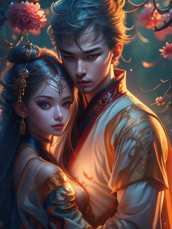 (Best Quality, Super Detail, Masterpiece, Representative Work, Official Art, Professional, Super Fine Detail, 8k:1.3), (photorealism:1.2), (Couple, Beautiful Girl and Boy), A couple in the sea of flowers, Handsome guy hugs beautiful girl from behind, Smiling and Wearing White Clothes, Delicate Hair, Chinese Beauty and Handsome Man, Wearing Ancient Chinese Clothes, Flowing Tulle, Light Silk, Create a movie poster similar to those used in Chinese romantic fantasy dramas, Correct proportions, Perfect face, perfect hands, Sweet atmosphere, Photorealistic, Sharp Focus, Dreamy Atmosphere, Delicate Details, Soft Volumetric Light, (Backlight:1.3), (Cinematic:1.2), Intricate Details, (ArtStation:1.3)