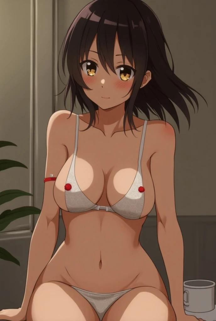 [anime styled],[official art],Tomomi_saikyou,black hair,Short hair,Hair Ribbon,NSFW,1girl in,(Portrait),close up,short torso,Perfect Lighting,nude,topless,(nipples),,anime screen cap,Flat color,cel shading,(smile),blush,(underwear:1.2), (strong light)、((brighten the subject)),oily skin,curby:1.2,((lite white panties)),sexy pose    break background classroom,