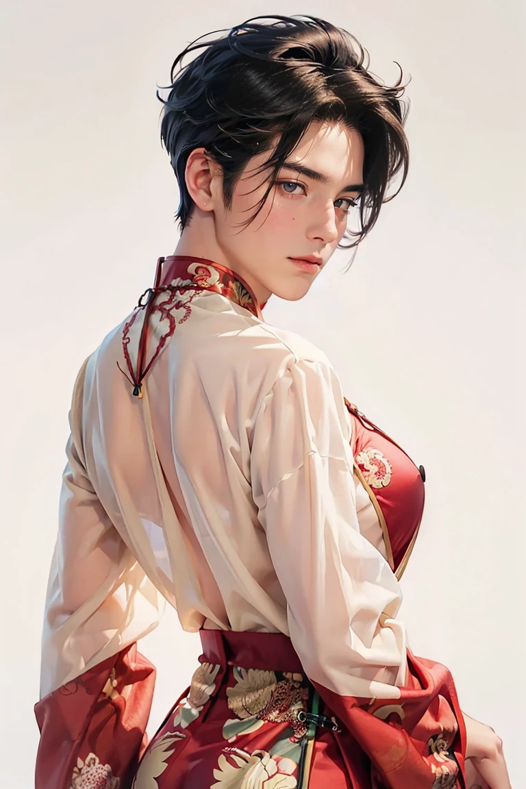 a male, big butt, big breast , male hair style, full lips , bare boobs, short hair, black male style hair, wear a sexy red Chinese clothes, see through clothes, show off his big butt, front view, simple background, A stunning visual masterpiece, double exposure, realistic, cinematic scene
