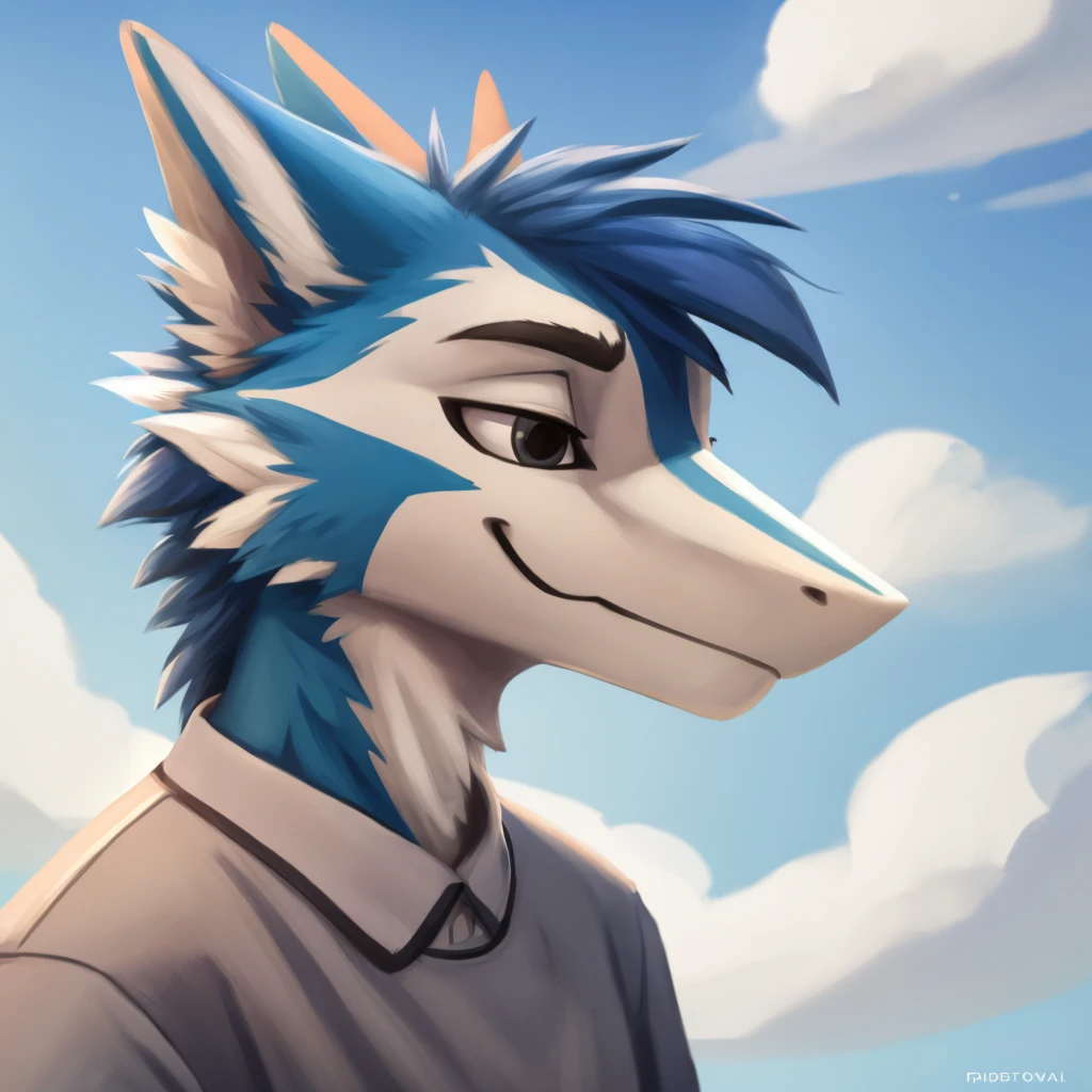 An anthropomorphic, greyish blue colored dergal, simple background, casual clothes, short hair, closed smile, profile photo, simple clouds and blue sky background, high quality furry art.