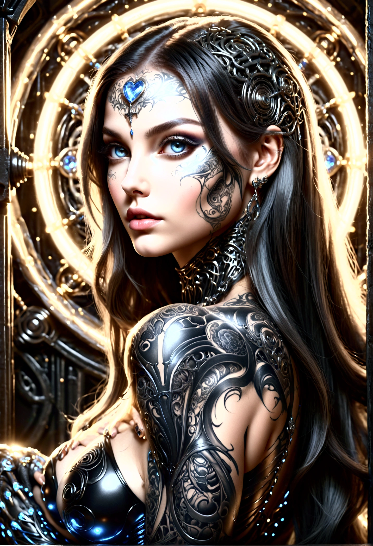 a close-up of a painting of a woman, inspiriert von Mark Brooks, Beautiful female neuromancer, Inspiriert von Donato Giancola, Stil von Donato Giancola, cyborg goddess in cosmos, inspiriert von Donato Giancola, goddess. extrem hohe Detailgenauigkeit, Cyborg Girl, Cyborg - Girl, Karol Bak uhd