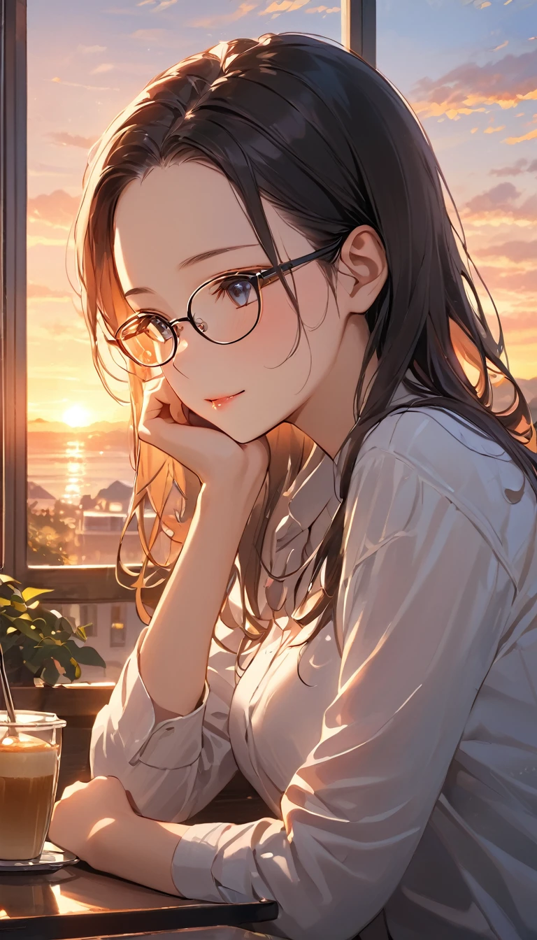 masterpiece, Wearing glasses, Black Hair, forehead, woman, Cafe,  the office where the sunset shines in, Window,  watching the sunset for two , Quiet Time,  the distance shrinks slightly , No words needed ,  Peaceful Atmosphere 
