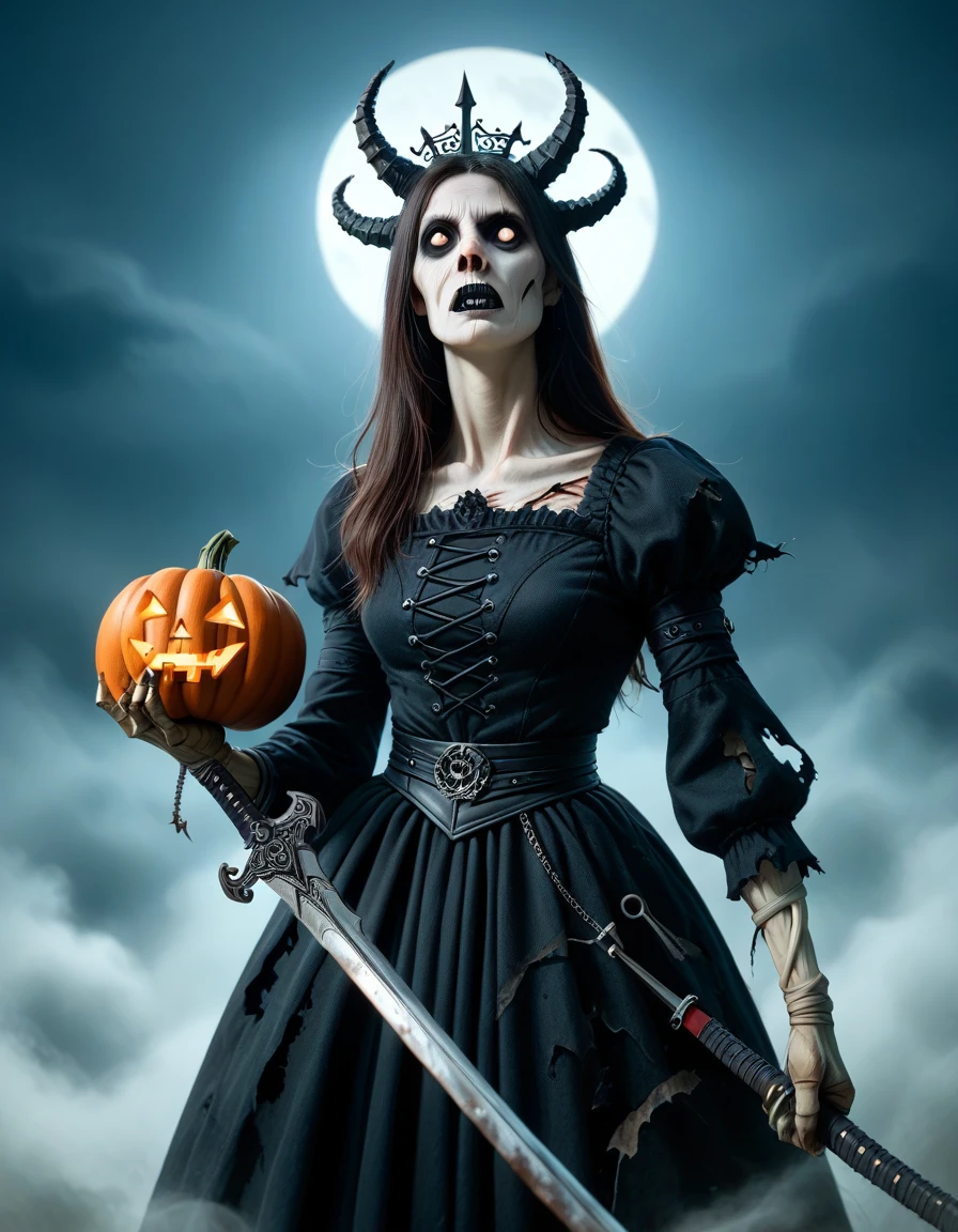 This Halloween-themed, creepy artwork showcases a dark and ominous woman, the embodiment of the scary queen of death. Clad in a black, tattered dress that billows eerily in the cold night air, she wields a gleaming sword and carries a sinister pumpkin, signaling her role as a harbinger of terror. Her armor is adorned with spikes and skeletal motifs, emphasizing her dark power and malevolence. zomboid art style 
The prompt incorporates by marc twain art style and the specified LORA model for a more unique and personalized outcome Jean-Baptiste Monge, anthropomorphic --ar 2:3 --testp -optimistic;