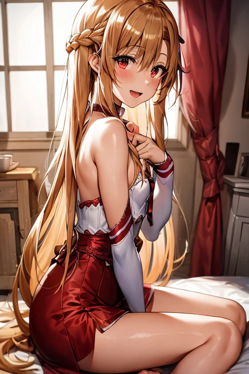 ((Best Quality)), ((masterpiece)), (be familiar with),  perfect face, indoor, bedroom,  viewers,
One woman, Yuuki Asuna,
Open Mouth, Ecstatic expression, blush, smile,
Small breasts,  flat chest, , , child, Girl,
Long Hair, Long Hair,
Leg spread,