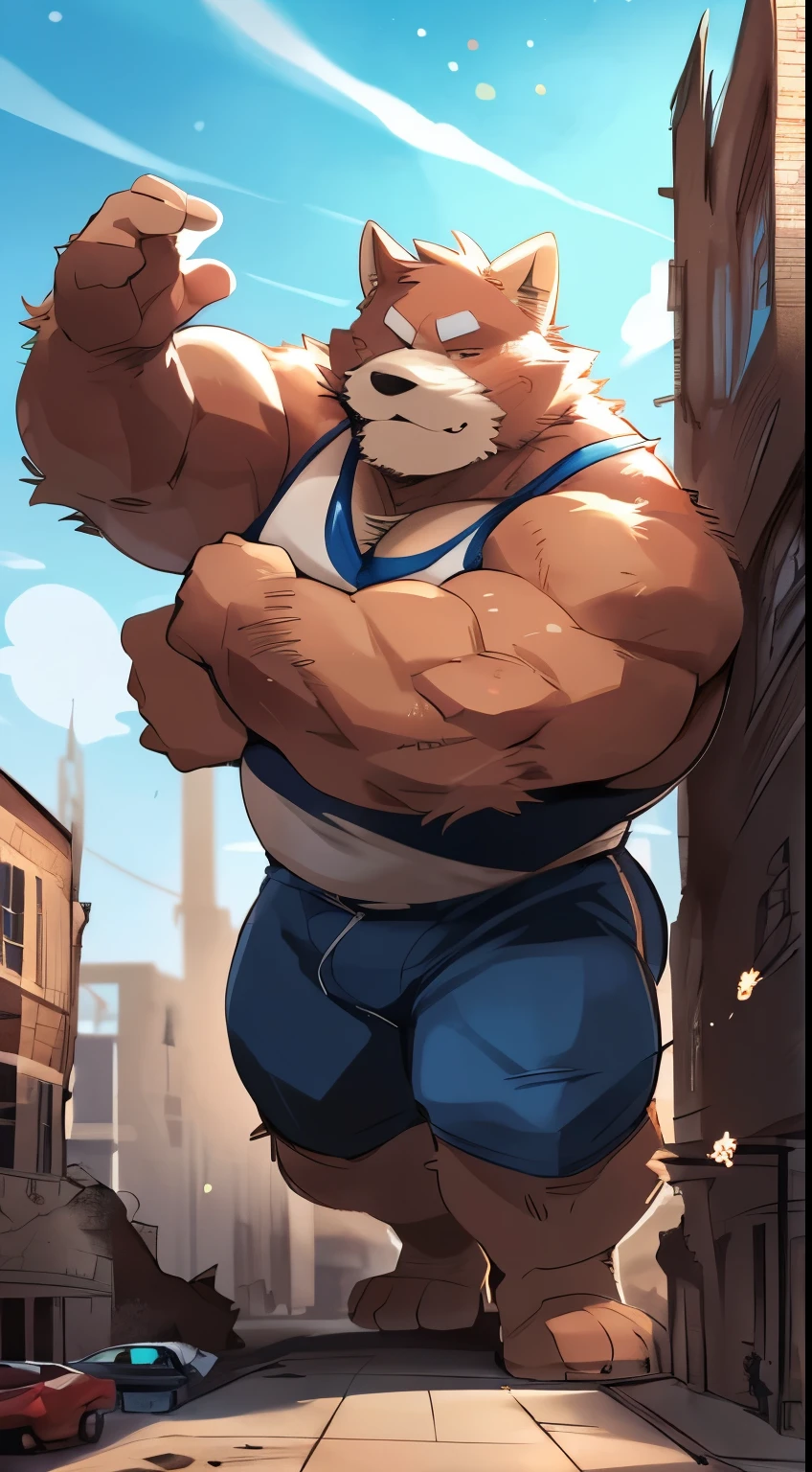 Solo, male, standing, ((by bebebebebe)), bulge, muscular, enormous, tall, buff, massive, big biceps, alleyway, dramatic lighting, rape face, smirking, evil expression, st. Bernard, Saint Bernard, st bernard