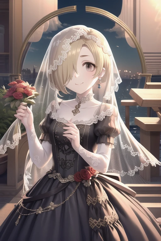 masterpiece,  best quality,  earrings,  Bridal Veil , wedding dress, garden, Green, sunset, short hair,, Blonde, hair over one eye, short hair,  Brown Eyes ,  flat chest,(Hiding one eye),Hidden right eye,smile